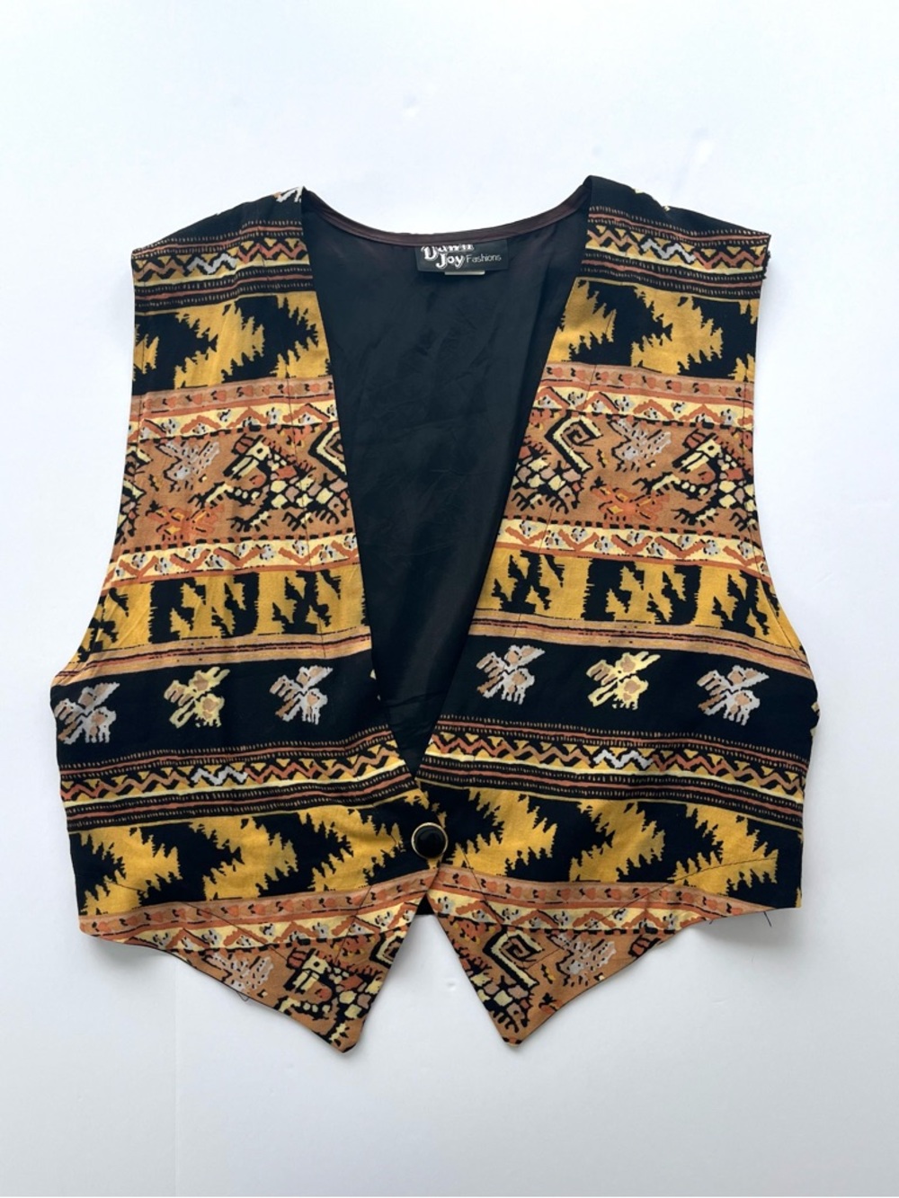 Vintage 90s Funky Vest Rayon Tribal Geometric Button-Front Stylized Horses Large